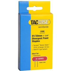 Tacwise 0289 Type 91/30mm Galvanised Narrow Crown Staples, Divergent Point, x 1000 Tacwise 0289 Type 91/30mm Galvanised Narrow Crown Staples, Divergent Point, x 1000