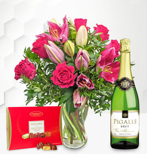 Prestige Flowers Rose and Lily with Fizz & Chocolates