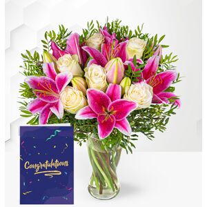 Prestige Flowers Pink Lily & Rose & Congrats Card