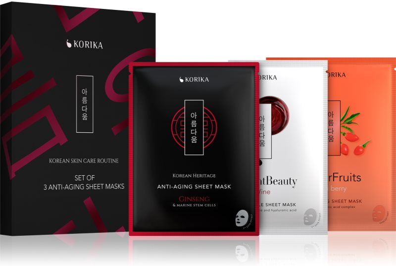 KORIKA KOREAN SKIN CARE ROUTINE SET OF 3 ANTI-AGING SHEET MASKS set with anti-wrinkle effect