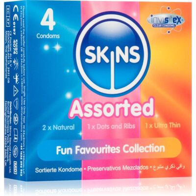 Skins Assorted 4 Pack - Condoms for Men - Natural, Dots & Ribs, Ultra Thin Skins Assorted 4 Pack - Condoms for Men - Natural, Dots & Ribs, Ultra Thin