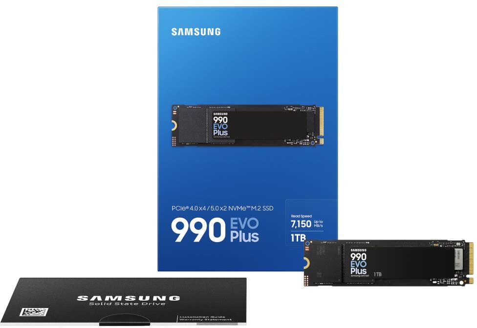 SAMSUNG 990 Evo PLUS 1TB PCIe 4.0 / 5.0 Hybrid NVMe SSD M.2 2280 - MZ-V9S1T0BW - Read 7150MB/s, Write 6300MB/s