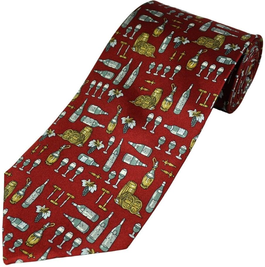 Wine Bottles, Glasses, Grapes & Barrels Red Silk Men&apos;s Novelty Tie