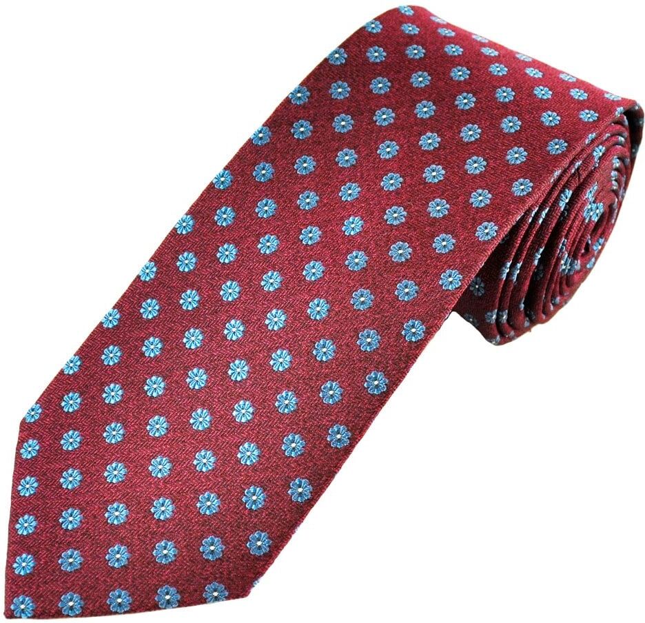 Wine Red & Blue Flower Patterned Men&apos;s Luxury Silk Tie