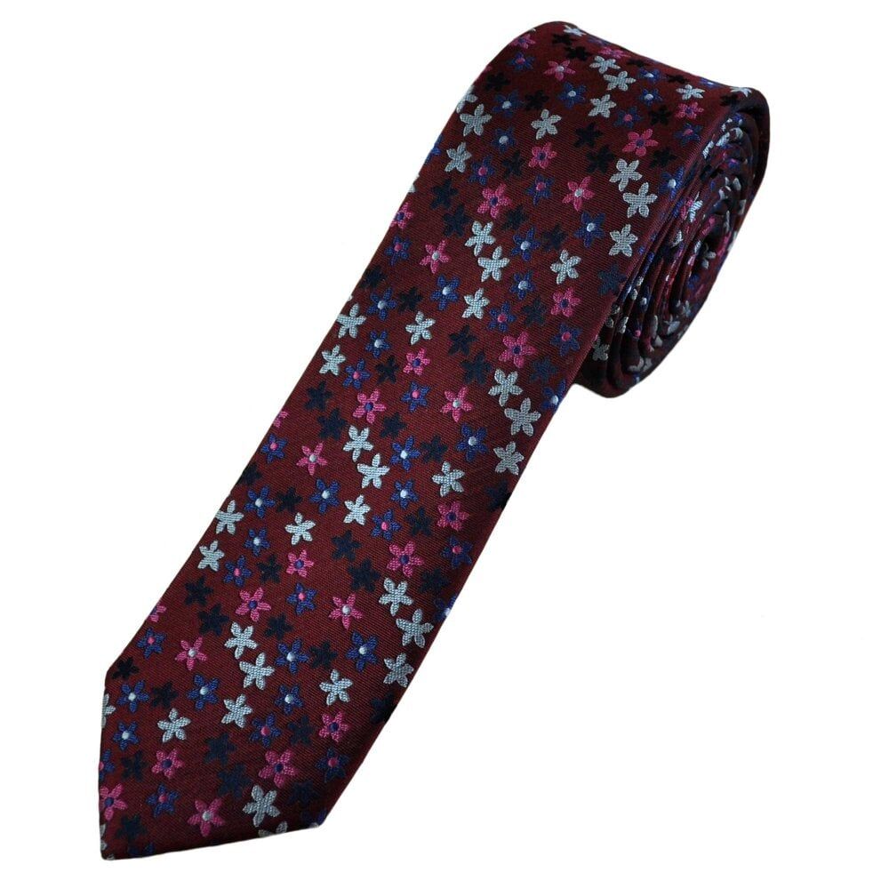 Wine Red, Fuchsia Pink, Silver & Navy Flower Pattern Men&apos;s Silk Skinny Tie