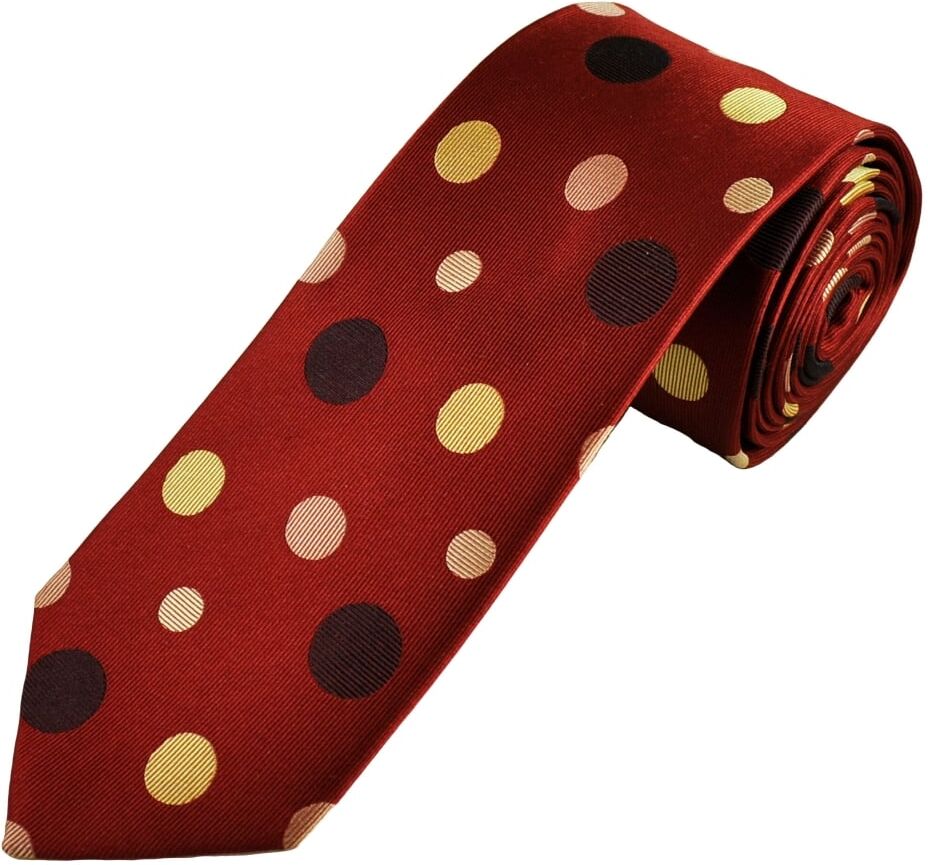 Wine Red, Navy Blue & Beige Circles Patterned Men&apos;s Luxury Silk Tie