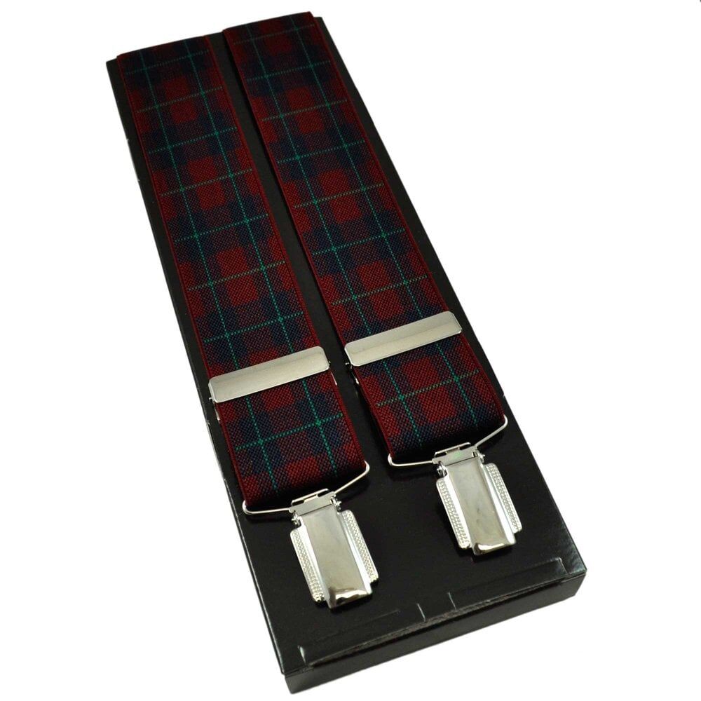 Wine Red, Navy Blue & Green Checked Men&apos;s Trouser Braces