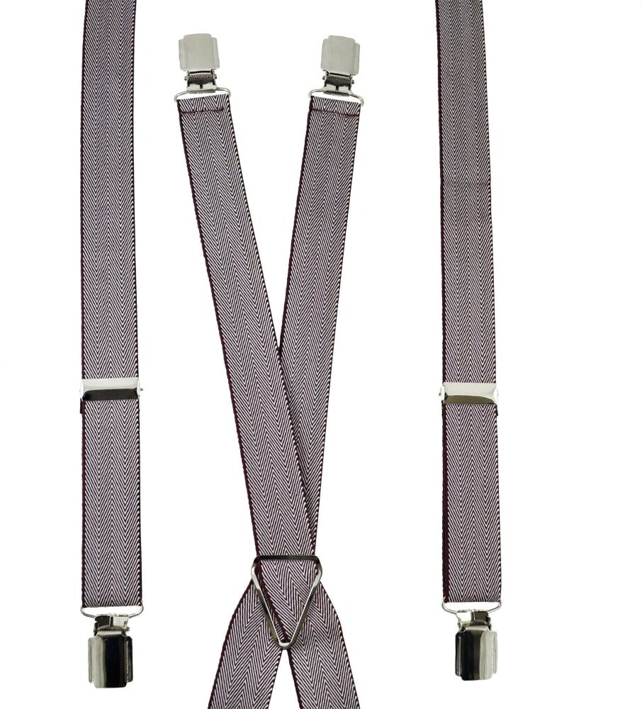 Wine Red & White ChevronPatterned Men&apos;s Skinny Trouser Braces - Silver Clips