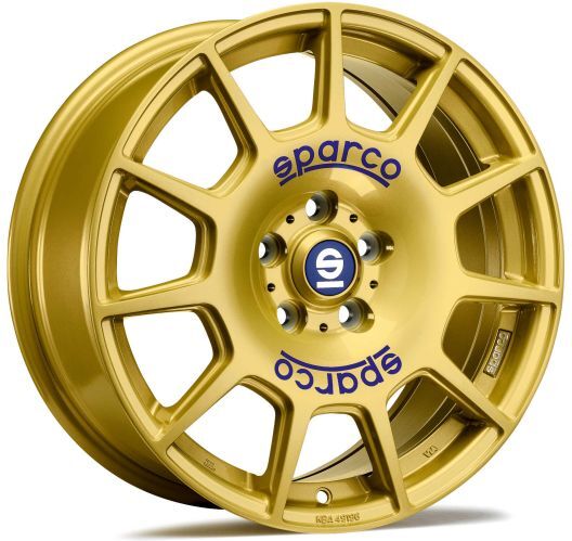 Sparco Wheels Terra Alloy Wheels In Race Gold Blue Lettering Set Of 4 - 17x7.5 Inch ET48 5x100 PCD 63mm Centre Bore Race Gold Blue Lettering, Gold - Gold