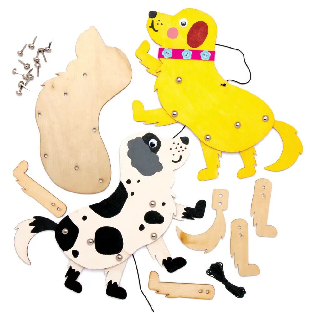 Baker Ross Dog Wooden Puppet Kits - 4 Wooden Puppets On String. Wooden Dog Marionettes. Size 16cm.