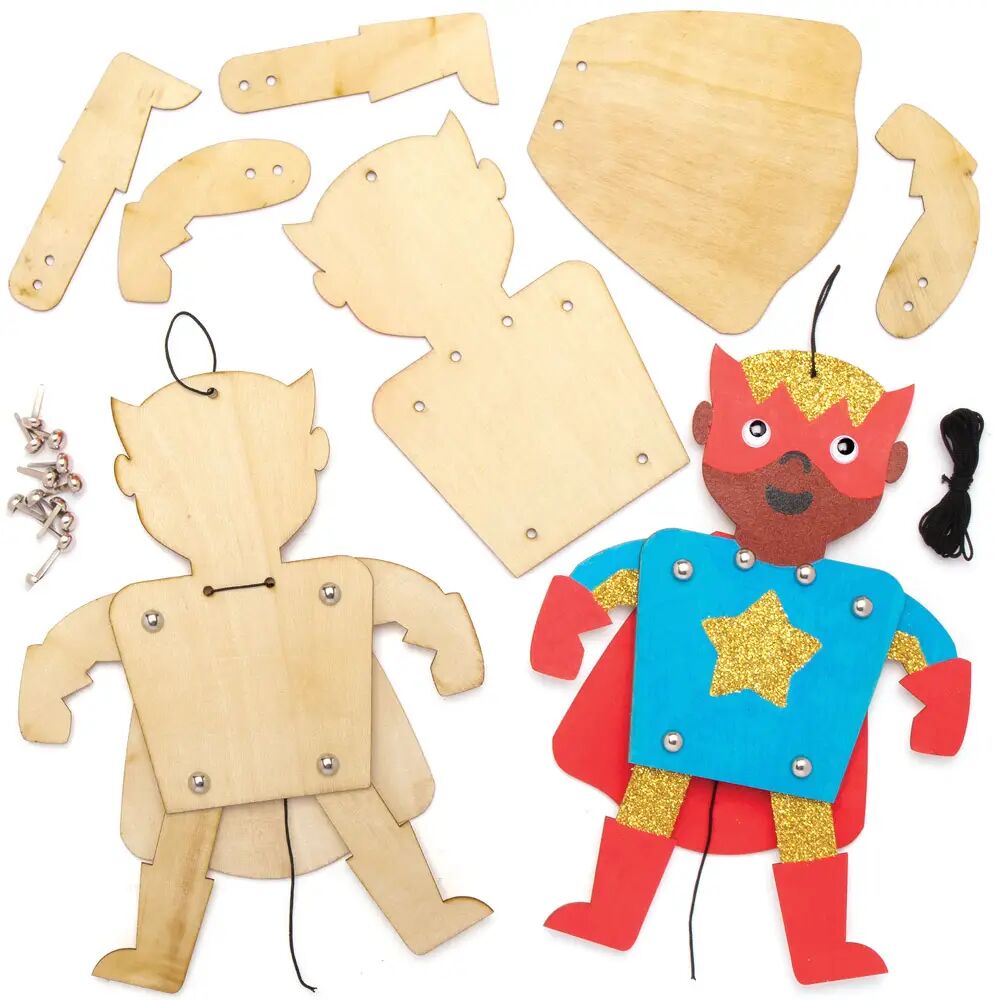 Baker Ross Super Hero Wooden Puppet Kits - 4 Wooden Puppets On String. Wooden Super Hero Marionettes. Size 23cm.