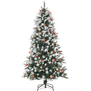 HOMCOM 6FT Artificial Snow Dipped Christmas Tree Xmas Pencil Tree Holiday Home Party Decoration with Foldable Feet Red Berries White Pinecones, Green