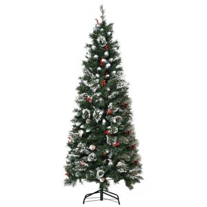 HOMCOM 6 Foot Snow Dipped Artificial Christmas Tree Slim Pencil Xmas Tree with 588 Realistic Branches, Pine Cones, Red Berries, Auto Open, Green