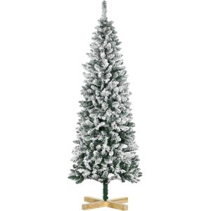 HOMCOM 6 Foot Snow Flocked Artificial Christmas Tree, Xmas Pencil Tree with 630 Realistic Branches, Auto Open, Pinewood Base, Green