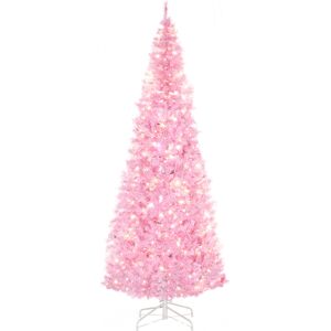 HOMCOM 7' Tall Prelit Pencil Slim Artificial Christmas Tree with Realistic Branches, 350 Warm White LED Lights and 818 Tips, Xmas Decoration, Pink