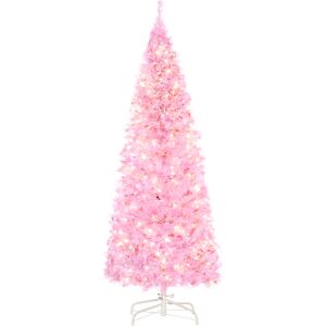 HOMCOM 5' Tall Prelit Pencil Slim Artificial Christmas Tree with Realistic Branches, 250 Warm White LED Lights and 408 Tips, Xmas Decoration, Pink