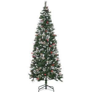 HOMCOM 7 Foot Snow Dipped Artificial Christmas Tree Slim Pencil Xmas Tree with 738 Realistic Branches, Pine Cones, Red Berries, Auto Open, Green