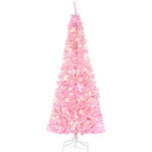 HOMCOM 6' Tall Prelit Pencil Slim Artificial Christmas Tree with Realistic Branches, 300 Warm White LED Lights and 618 Tips, Xmas Decoration, Pink