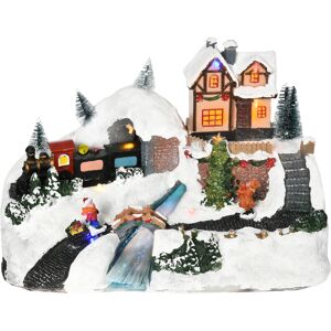 HOMCOM Animated Christmas Village Scene, Battery-Operated Musical Holiday Decoration with LED Light, Fibre Optic River, Moving Train for Tabletop