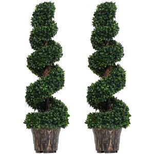 Outsunny Set of 2 Artificial Boxwood Spiral Topiary Trees Potted Decorative Plant Outdoor and Indoor Décor 120cm