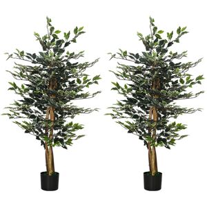 HOMCOM Set of 2 Artificial Ficus Trees, 130cm Tall with Realistic Leaves & Natural Trunks, Indoor/Outdoor Decor, Green