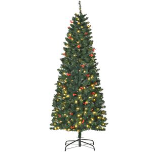 HOMCOM 6FT Prelit Artificial Pencil Christmas Tree with Warm White LED Light, Red Berry, Holiday Home Xmas Decoration, Green