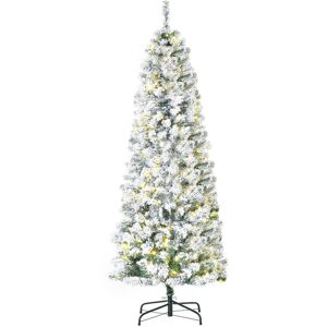 HOMCOM 6 Feet Prelit Artificial Snow Flocked Christmas Tree with Warm White LED Light, Holiday Home Xmas Decoration, Green White