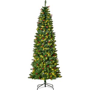 HOMCOM 7FT Prelit Artificial Pencil Christmas Tree with Warm White LED Light, Red Berry, Holiday Home Xmas Decoration, Green