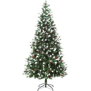 HOMCOM 6ft Artificial Snow-Flocked Pine Tree Holiday Home Christmas Decoration with Red Berries, Automatic Open - Green