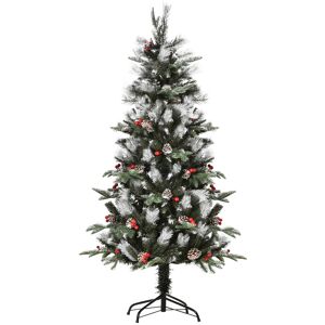 HOMCOM 5FT Artificial Snow Dipped Christmas Tree Xmas Pencil Tree Holiday Home Party Decoration with Foldable Feet Red Berries White Pinecones, Green