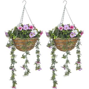 HOMCOM Set of 2 Decorative Artificial Plants, Faux Silk Azalea Flowers in Hanging Baskets, Fake Plants for Home Indoor Outdoor Decor, Pink and White
