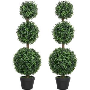 HOMCOM Set of 2 Decorative Artificial Plants, Topiary Ball-shaped Boxwood Trees in Pot, Fake Plants for Home Indoor outdoor Decor, 100cm, Green
