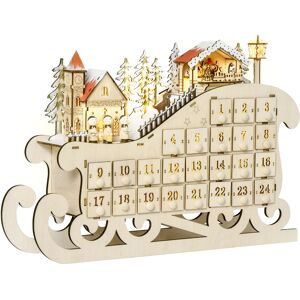 HOMCOM Christmas Advent Calendar, Light Up Table Xmas Wooden Sled Holiday Decoration with Countdown Drawer, Village, Natural Wood Color HOMCOM Christmas Advent Calendar, Light Up Table Xmas Wooden Sled Holiday Decoration with Countdown Drawer, Village, Natural Wood Color