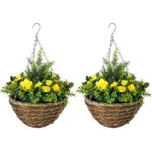 Outsunny Pack of 2 Faux Plant Artificial Lisianthus Flowers Hanging Planter with Basket for Indoor Outdoor Decoration, Yellow Outsunny Pack of 2 Faux Plant Artificial Lisianthus Flowers Hanging Planter with Basket for Indoor Outdoor Decoration, Yellow