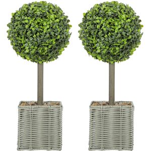 HOMCOM Set of 2 Decorative Artificial Plants, 50cm Faux Boxwood Topiary Balls with Woven Plastic Pot and Pebbles, Fake Plants for Home or Office Decor, Green HOMCOM Set of 2 Decorative Artificial Plants, 50cm Faux Boxwood Topiary Balls with Woven Plastic Pot and Pebbles, Fake Plants for Home or Office Decor, Green