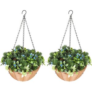 HOMCOM Artificial Flowers in Basket Set of 2, Artificial Hanging Baskets with PE Leaves, 18 Flowers and 3 Pinecones in Pot, Decorative Faux Plant for Home Office Decor, Green HOMCOM Artificial Flowers in Basket Set of 2, Artificial Hanging Baskets with PE Leaves, 18 Flowers and 3 Pinecones in Pot, Decorative Faux Plant for Home Office Decor, Green