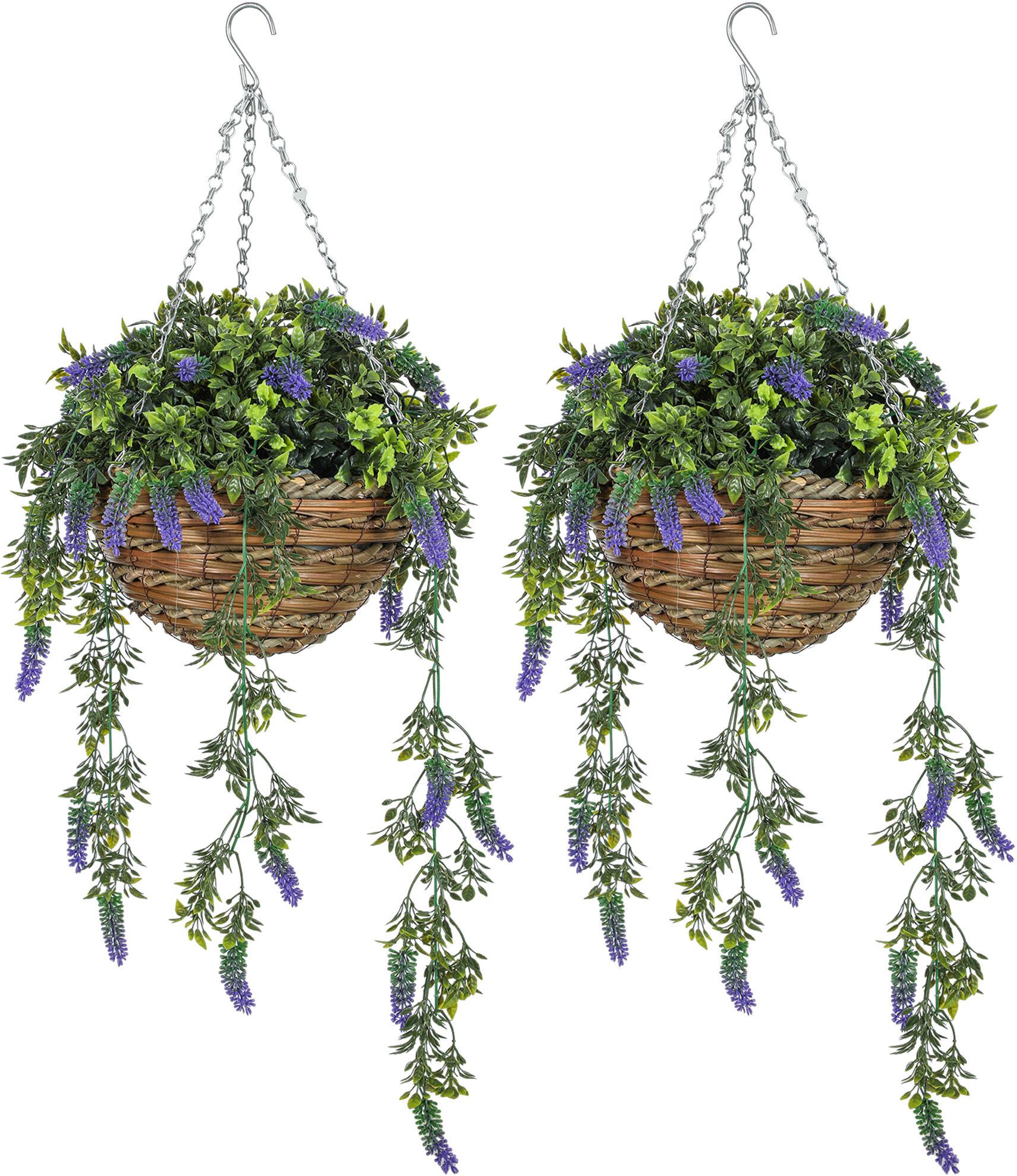 HOMCOM Set of 2 Decorative Artificial Plants, Faux Silk Lavender Flowers in Hanging Baskets, Fake Plants for Home Indoor Outdoor Decor, Purple