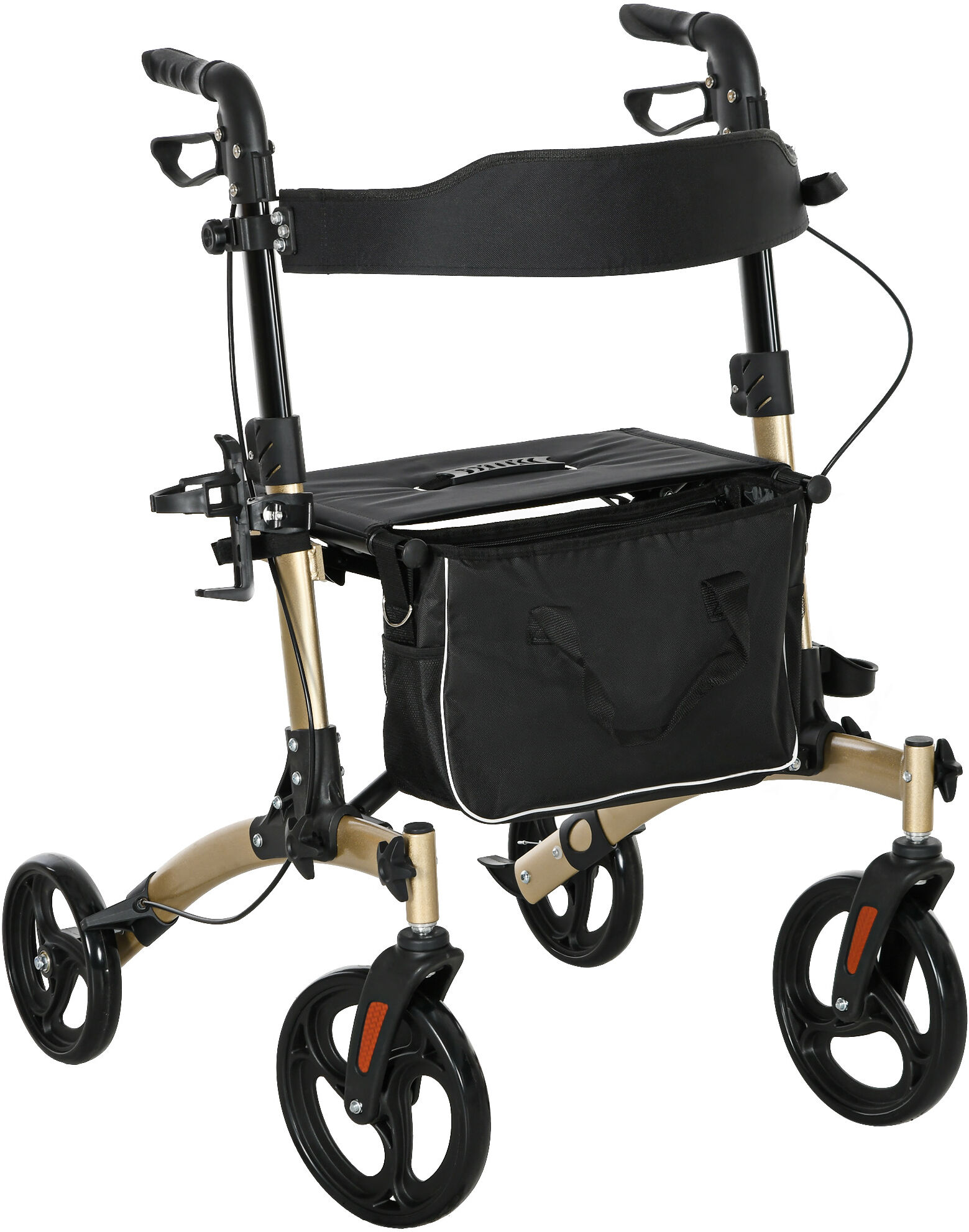 HOMCOM Folding Rollator with Cane Holder, Adjustable Handle Height and Aluminum Frame, 4 Wheeled Mobility Walker with Seat and Bag, Gold