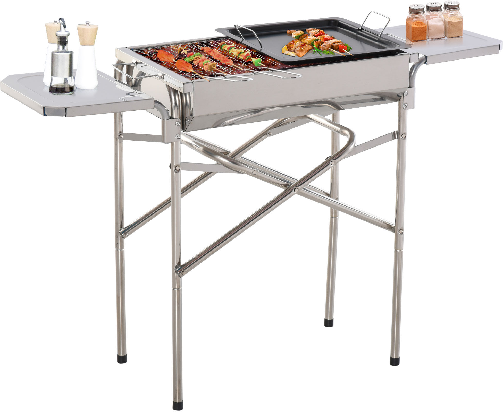 Outsunny Folding Barbecue Grill Garden Rectangular Stainless Steel BBQ w/ Adjustable legs, BBQ grates, frying plate and Non-stick pan, Silver