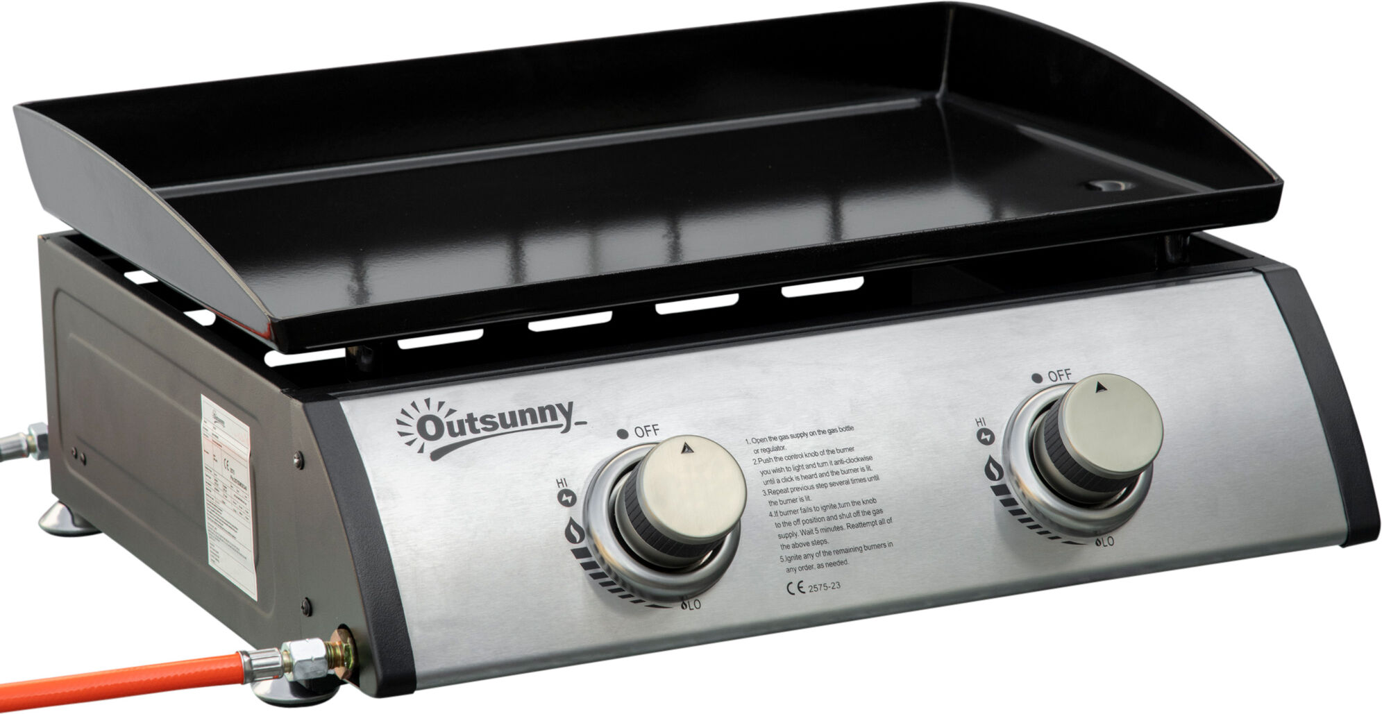 Outsunny Gas Plancha Barbecue Grill 6kW Portable Tabletop Gas BBQ w/ 2 Burners, Non-stick Hotplate, Drain Hole and Grease Collection Box