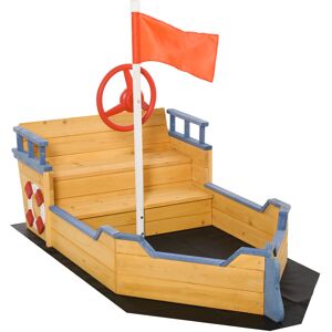 Outsunny Kids Wooden Sandpit Children Sandbox Pirate Ship Sandboat Outdoor Backyard Playset Play Station w/ Bench Bottom Liner