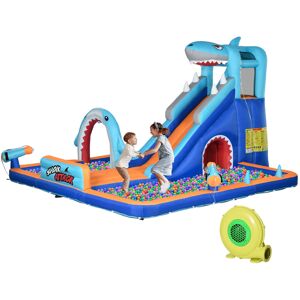 Outsunny 6 in 1 Shark-Themed Bouncy Castle, Inflatable Water Park, with Slide, Pool, Trampoline, Blower, for Ages 3-8 Years