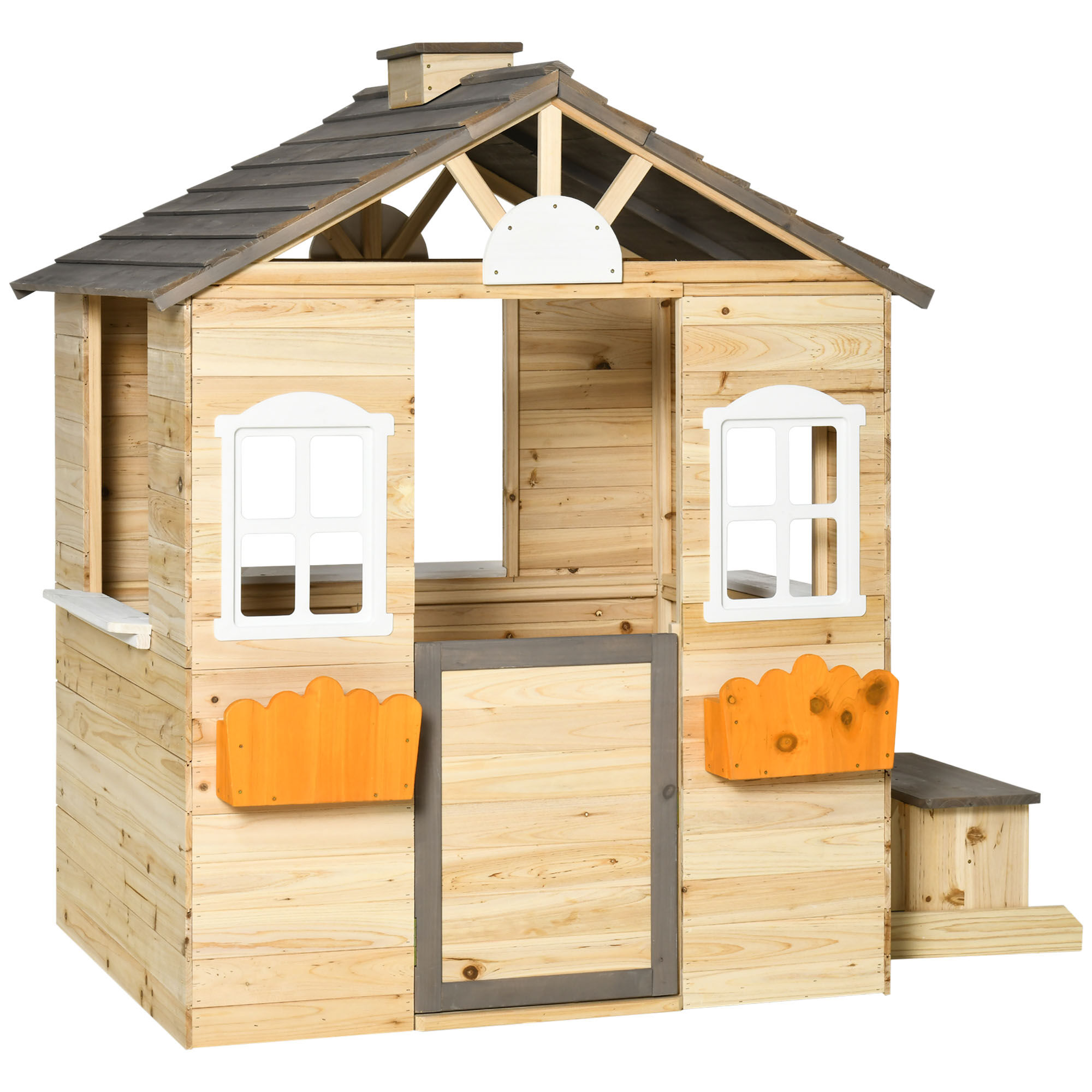 Outsunny Wooden Kids Playhouse, Outdoor Garden Games Cottage with Working Door, Windows, Bench, Service Station, Flowers Pot Holder for 3-7 Years Old