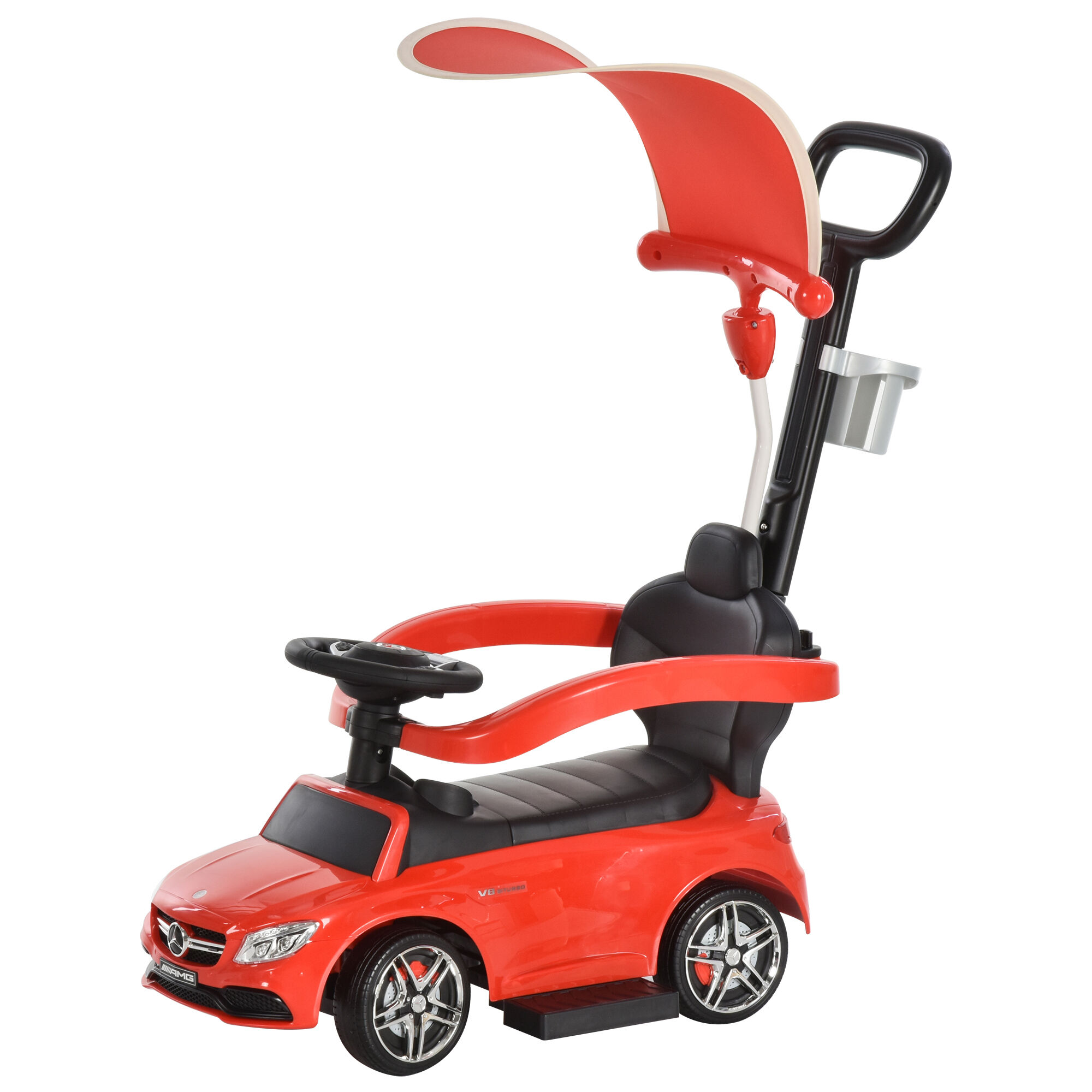 HOMCOM 3 in 1 Ride On Push Along Car Mercedes Benz for Toddlers Stroller Sliding Walking Car with Sun Canopy Horn Safety Bar Cup Holder Ride on Toy