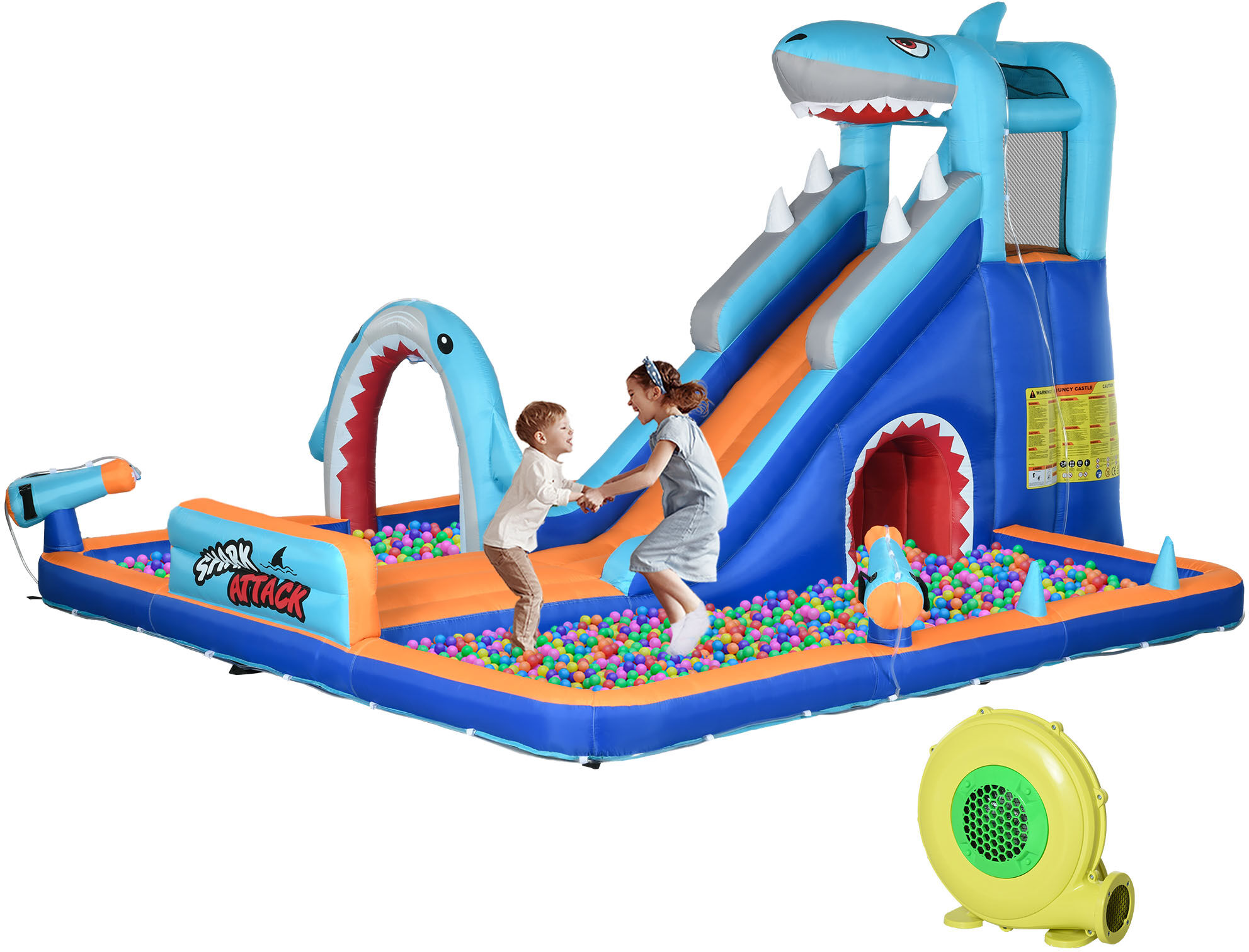 Outsunny 6 in 1 Shark-Themed Bouncy Castle, Inflatable Water Park, with Slide, Pool, Trampoline, Blower, for Ages 3-8 Years