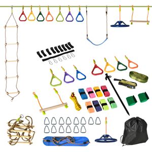 Outsunny Kids Ninja Warrior Obstacle Course, 42.6 FT Children Slackline Training Equipment w/ Monkey Bars, Rope Ladder, Swing, Gym Rings, Carry Bag