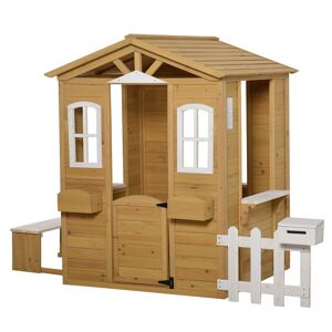 Outsunny Wooden Playhouse for Outdoor with Door Windows Mailbox Flower Pot Holder Serving Station Bench for Kids Children Toddlers Natural