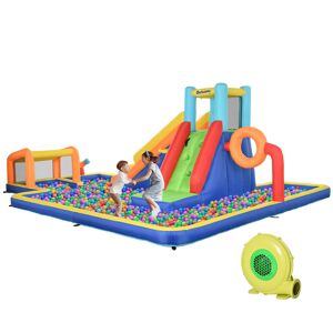 Outsunny Multi-Activity Bouncy Castle with Slide, Splash Pool, Climbing Area, Water Cannon, Hoop & Football Goal for Children 3-8 Years