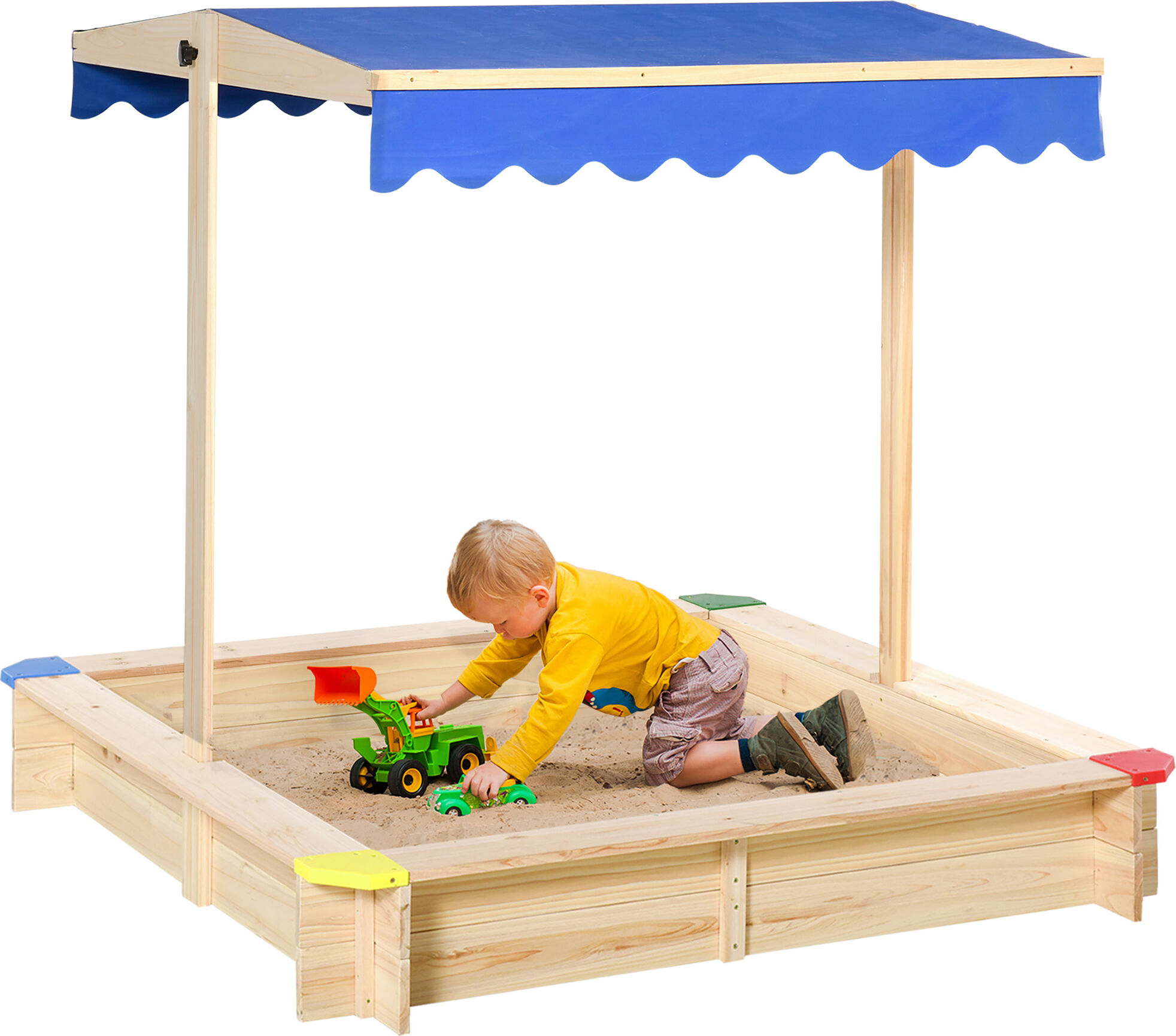 Outsunny Kids Wooden Sandpit Children Cabana Square Sandbox Outdoor Backyard Playset Play Station Adjustable Canopy Bench Seat 120x120x120cm