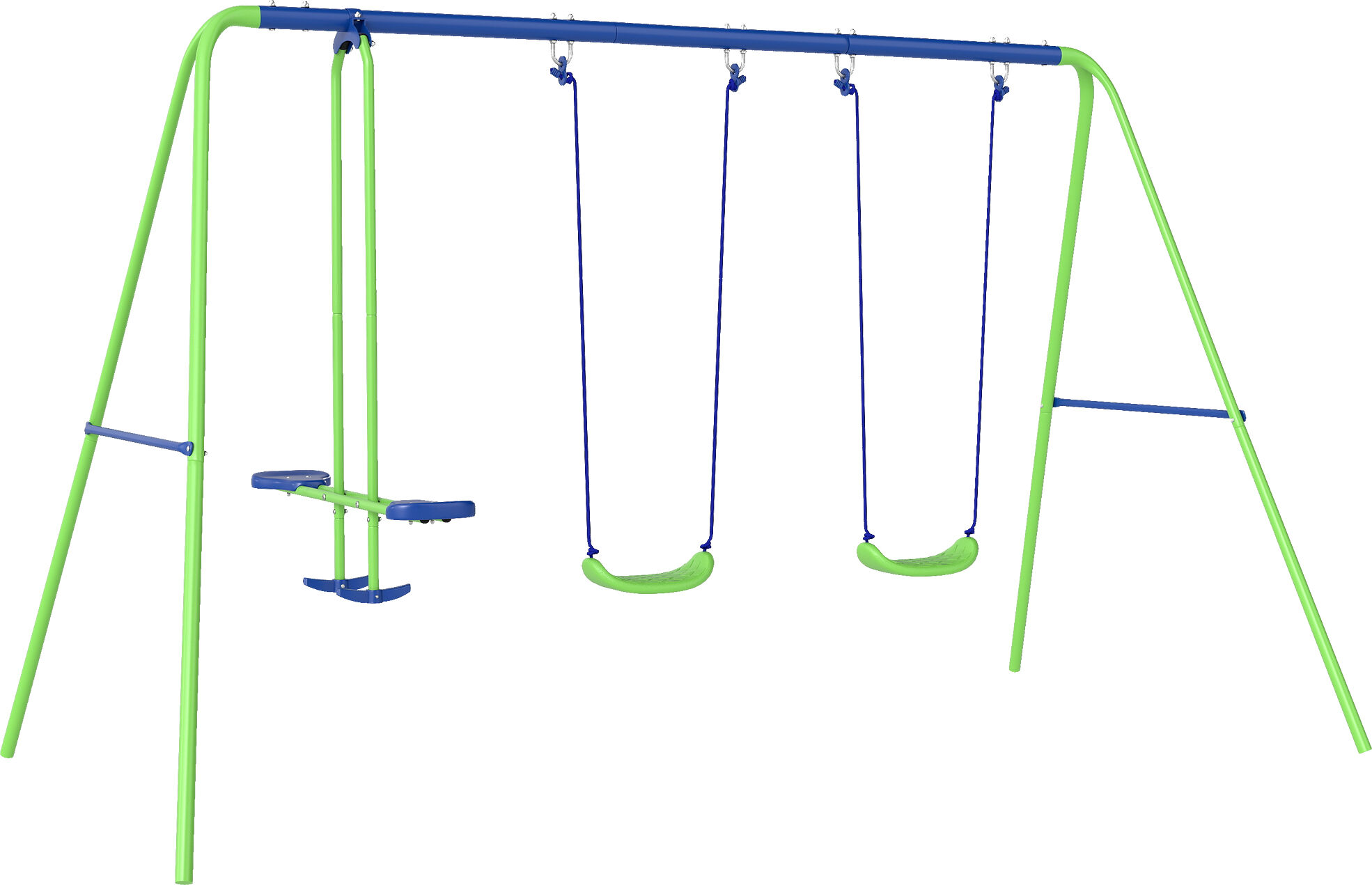 Outsunny Metal Swings & Seesaw Set Double Seats with a Height Adjustable Children Outdoor Backyard Play Set for Toddlers Over 3 Years Old, Green
